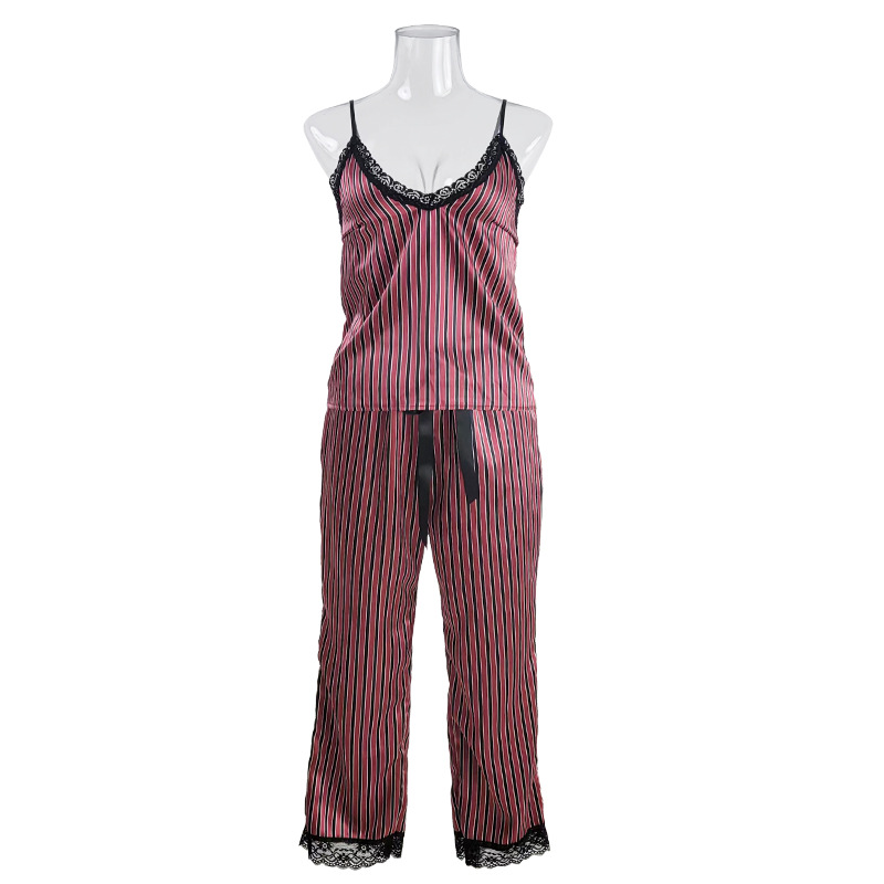 Womens Pajamas Set Tops and long pants Silk Pajamas Sexy Lace Striped Sleepwear